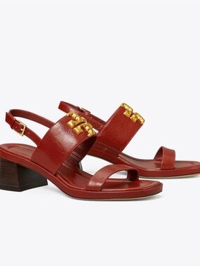 Tory Burch Brick Red Leather Slingback Sandals with Gold Hardware
